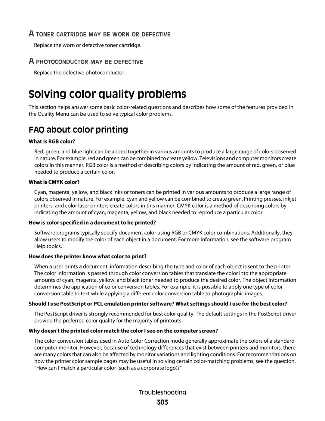 Lexmark MS00855, MS00859, MS00853, MS00850 Solving color quality problems, FAQ about color printing, 303, What is RGB color? 