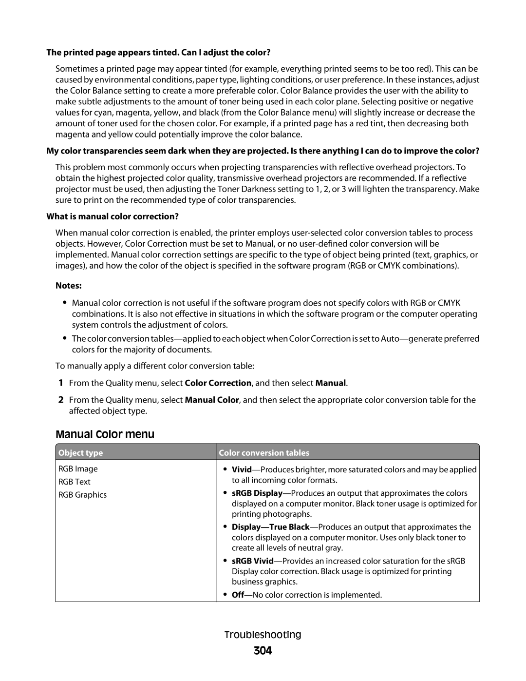 Lexmark MS00859, MS00853, MS00850, MS00855 manual 304, Manual Color menu, Printed page appears tinted. Can I adjust the color? 