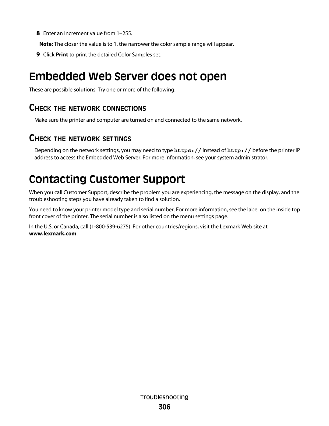 Lexmark MS00850, MS00859, MS00853, MS00855 manual Embedded Web Server does not open, Contacting Customer Support, 306 