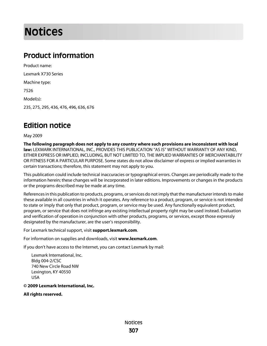 Lexmark MS00855, MS00859, MS00853 Product information, Edition notice, 307, Lexmark International, Inc. All rights reserved 