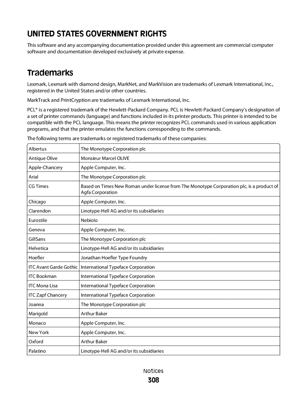 Lexmark MS00859, MS00853, MS00850, MS00855 manual Trademarks, 308 