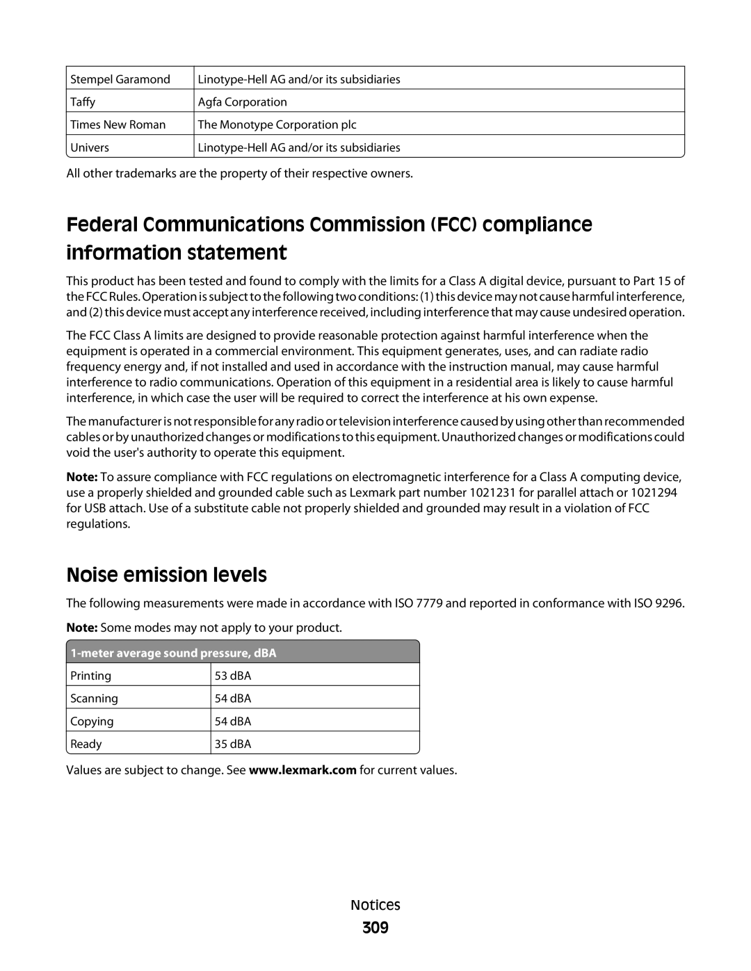 Lexmark MS00853, MS00859, MS00850, MS00855 manual Noise emission levels, 309 