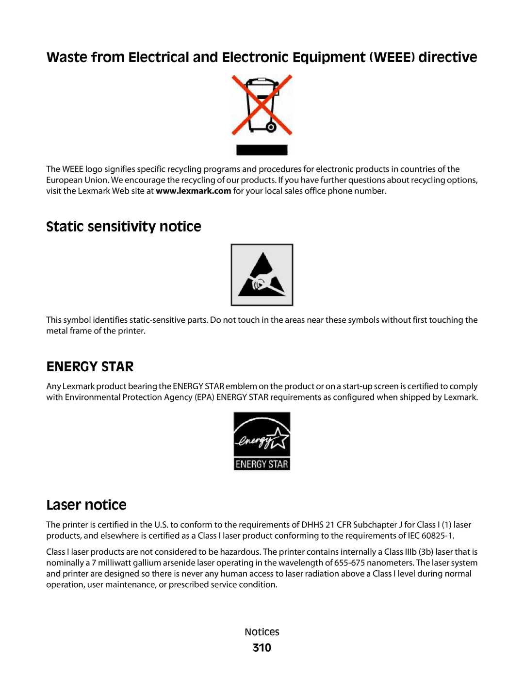 Lexmark MS00850, MS00859, MS00853, MS00855 manual Laser notice, 310 