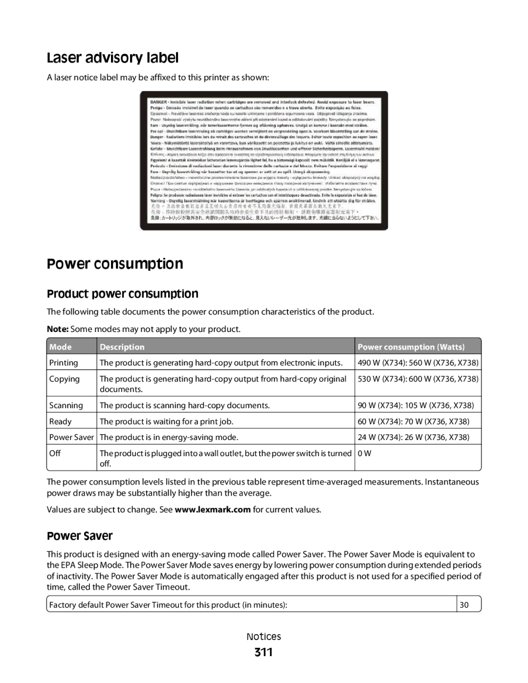 Lexmark MS00855, MS00859, MS00853 manual Laser advisory label, Power consumption, 311, Product power consumption, Power Saver 