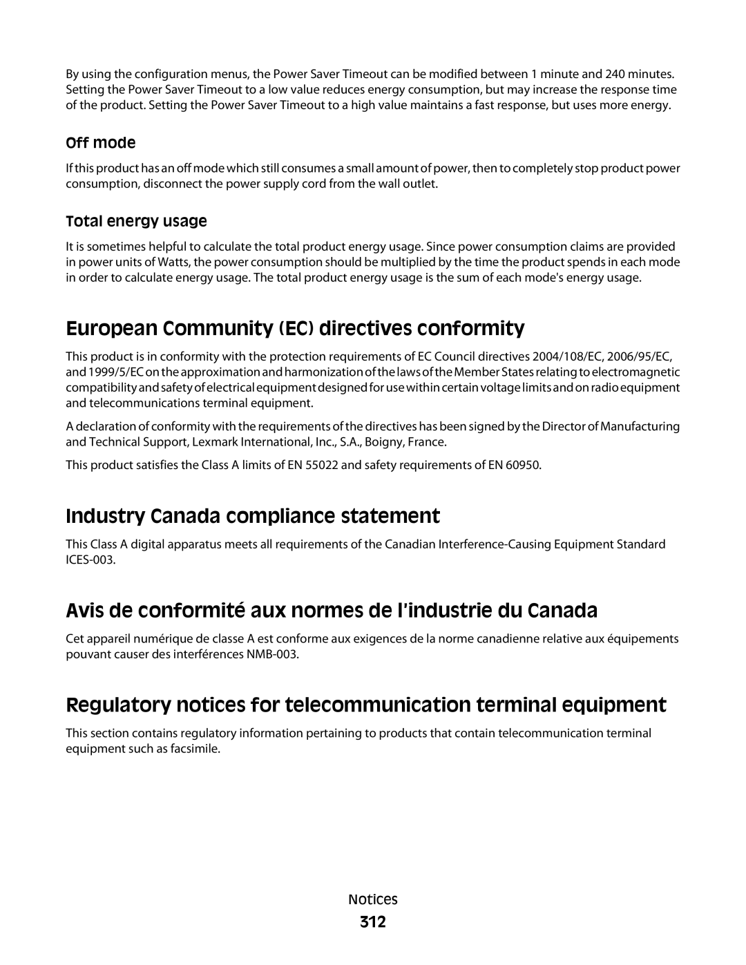 Lexmark MS00859, MS00853, MS00850 European Community EC directives conformity, Industry Canada compliance statement, 312 