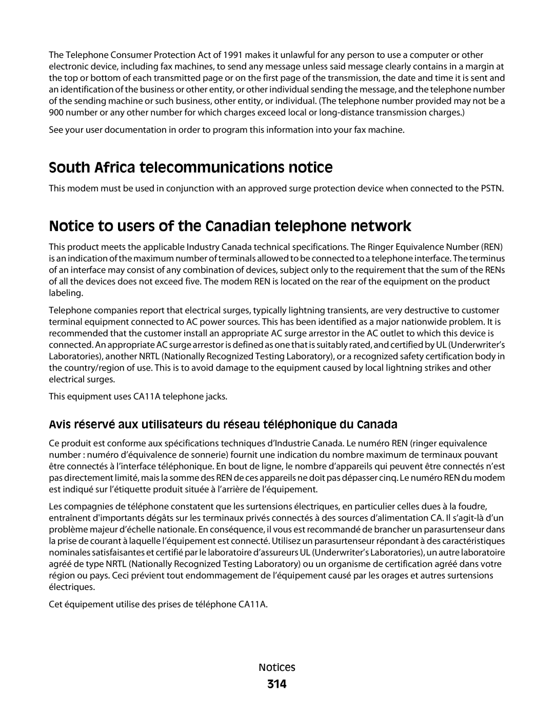 Lexmark MS00850, MS00859, MS00853, MS00855 manual South Africa telecommunications notice, 314 