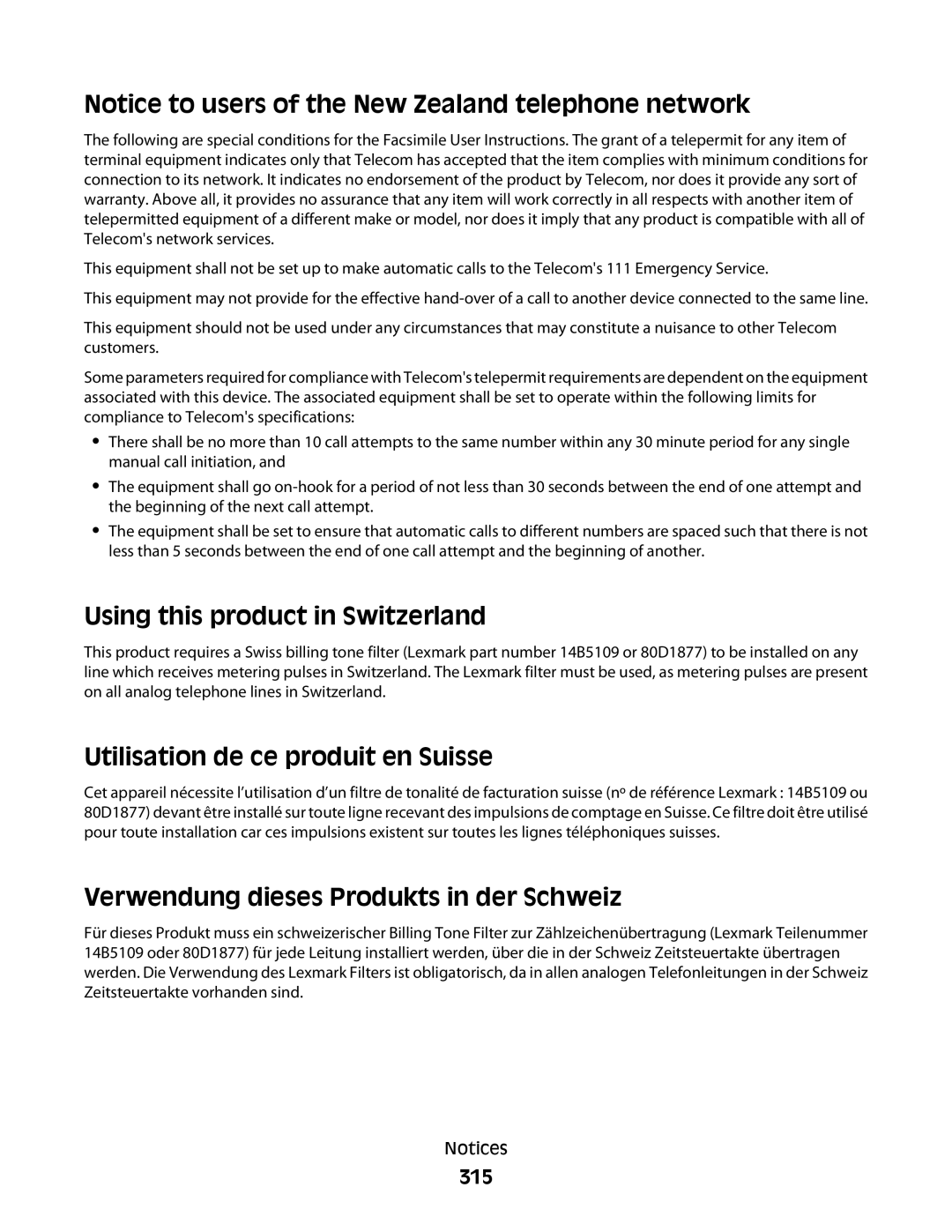 Lexmark MS00855, MS00859, MS00853, MS00850 manual Using this product in Switzerland, Utilisation de ce produit en Suisse, 315 