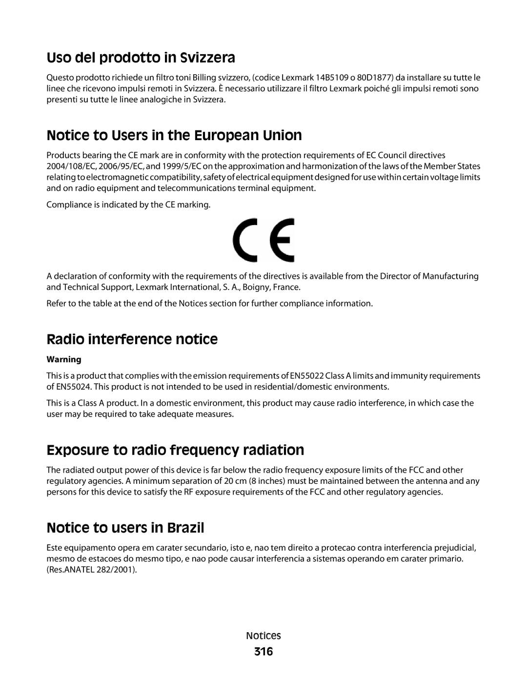 Lexmark MS00859 manual Uso del prodotto in Svizzera, Radio interference notice, Exposure to radio frequency radiation, 316 