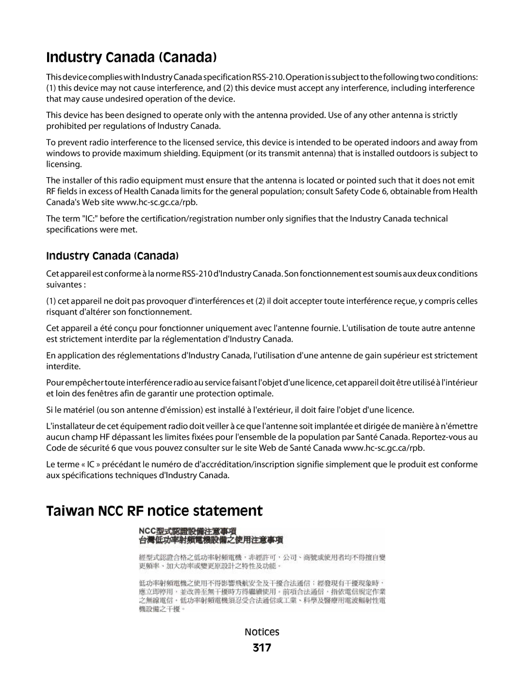 Lexmark MS00853, MS00859, MS00850, MS00855 manual Industry Canada Canada, Taiwan NCC RF notice statement, 317 