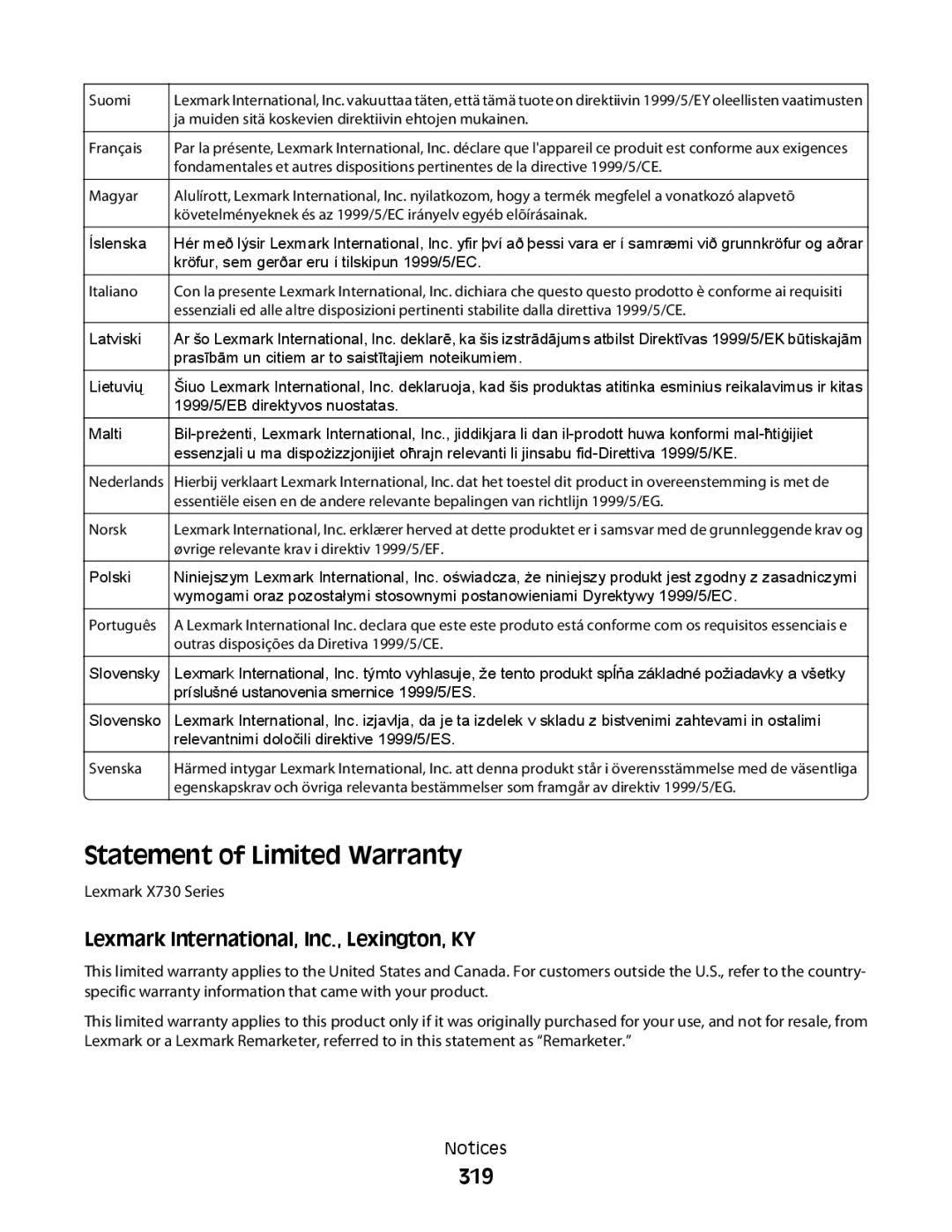 Lexmark MS00855, MS00859, MS00853, MS00850 Statement of Limited Warranty, 319, Lexmark International, Inc., Lexington, KY 