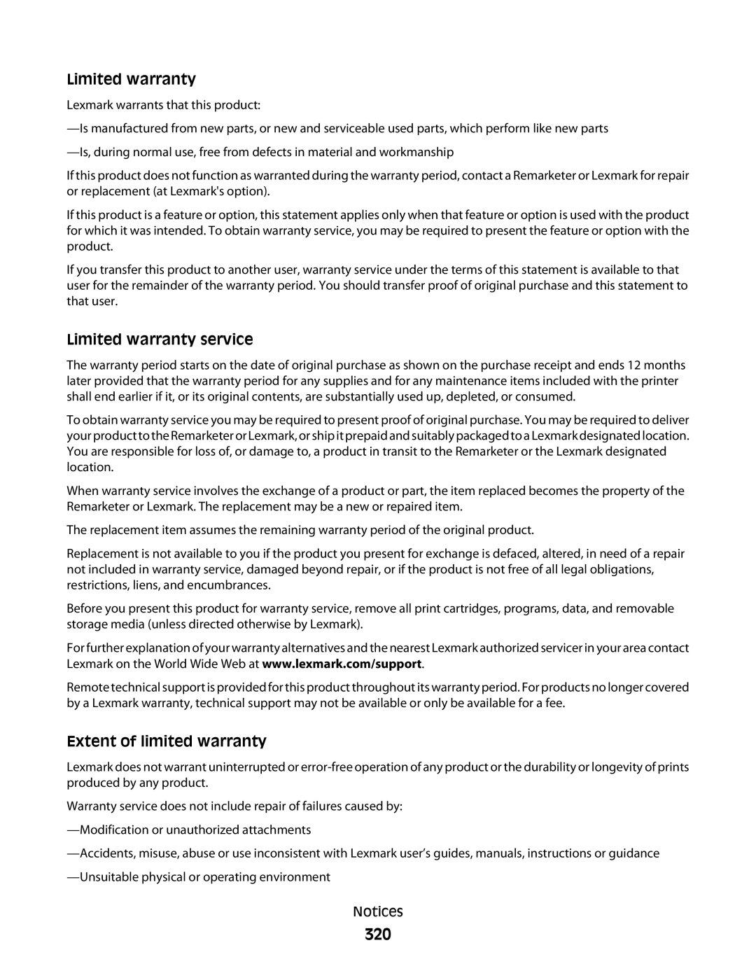 Lexmark MS00859, MS00853, MS00850, MS00855 manual 320, Limited warranty service, Extent of limited warranty 