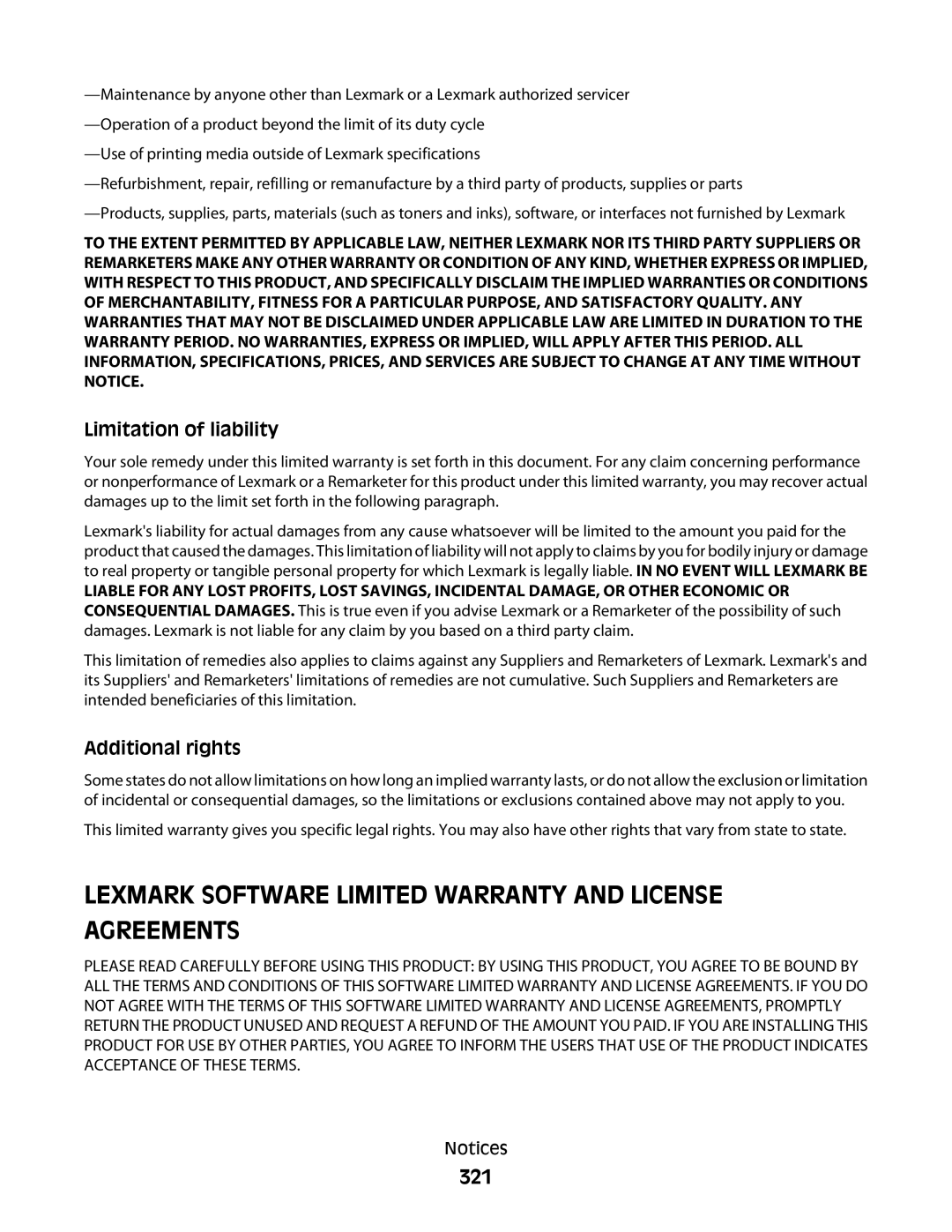 Lexmark MS00853, MS00859, MS00850, MS00855 manual 321, Limitation of liability, Additional rights 