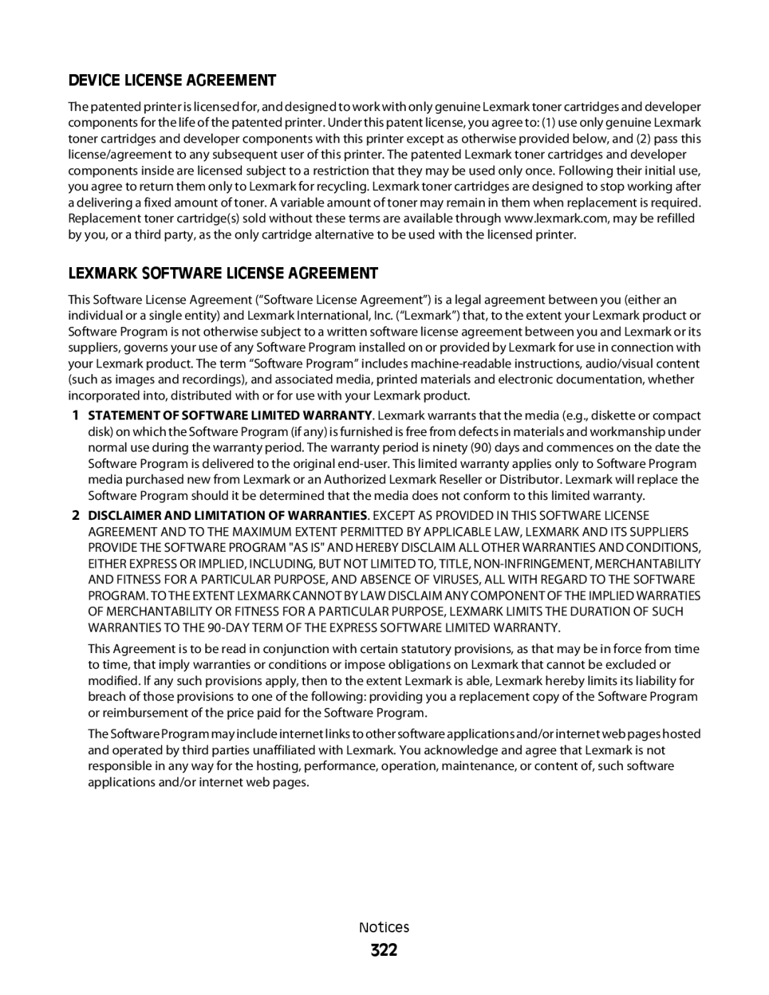 Lexmark MS00850, MS00859, MS00853, MS00855 manual 322, Device License Agreement Lexmark Software License Agreement 