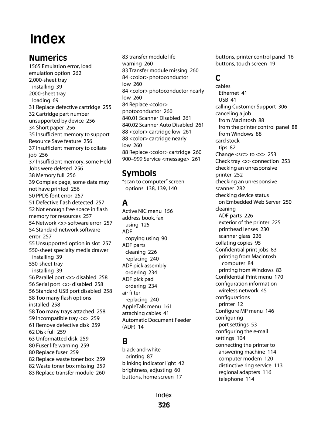 Lexmark MS00850, MS00859, MS00853, MS00855 manual Index, Numerics, Symbols, 326 