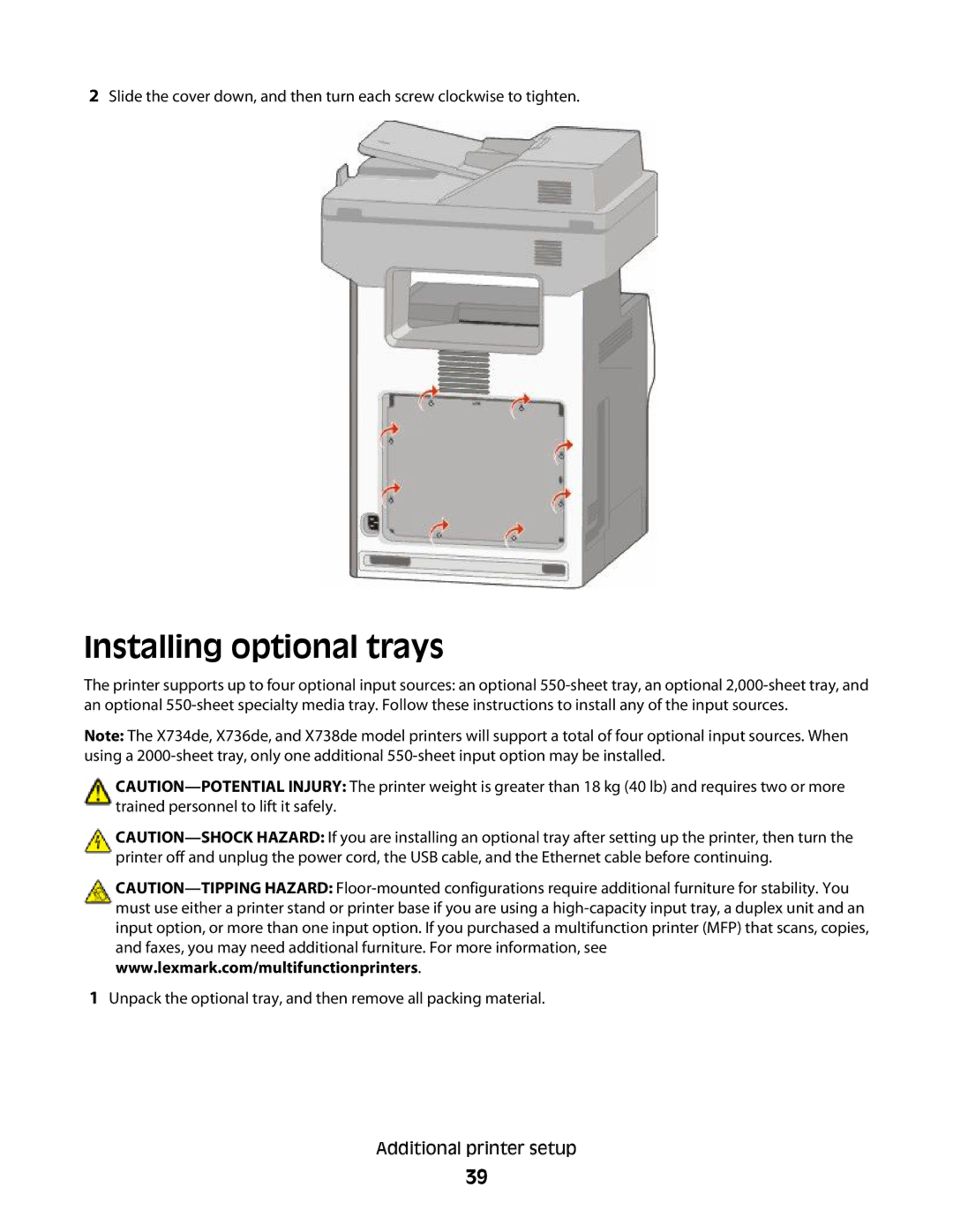 Lexmark MS00855, MS00859, MS00853, MS00850 manual Installing optional trays 