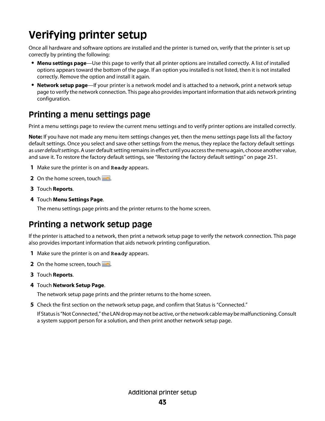 Lexmark MS00855, MS00859 Verifying printer setup, Printing a menu settings, Printing a network setup, Touch Menu Settings 