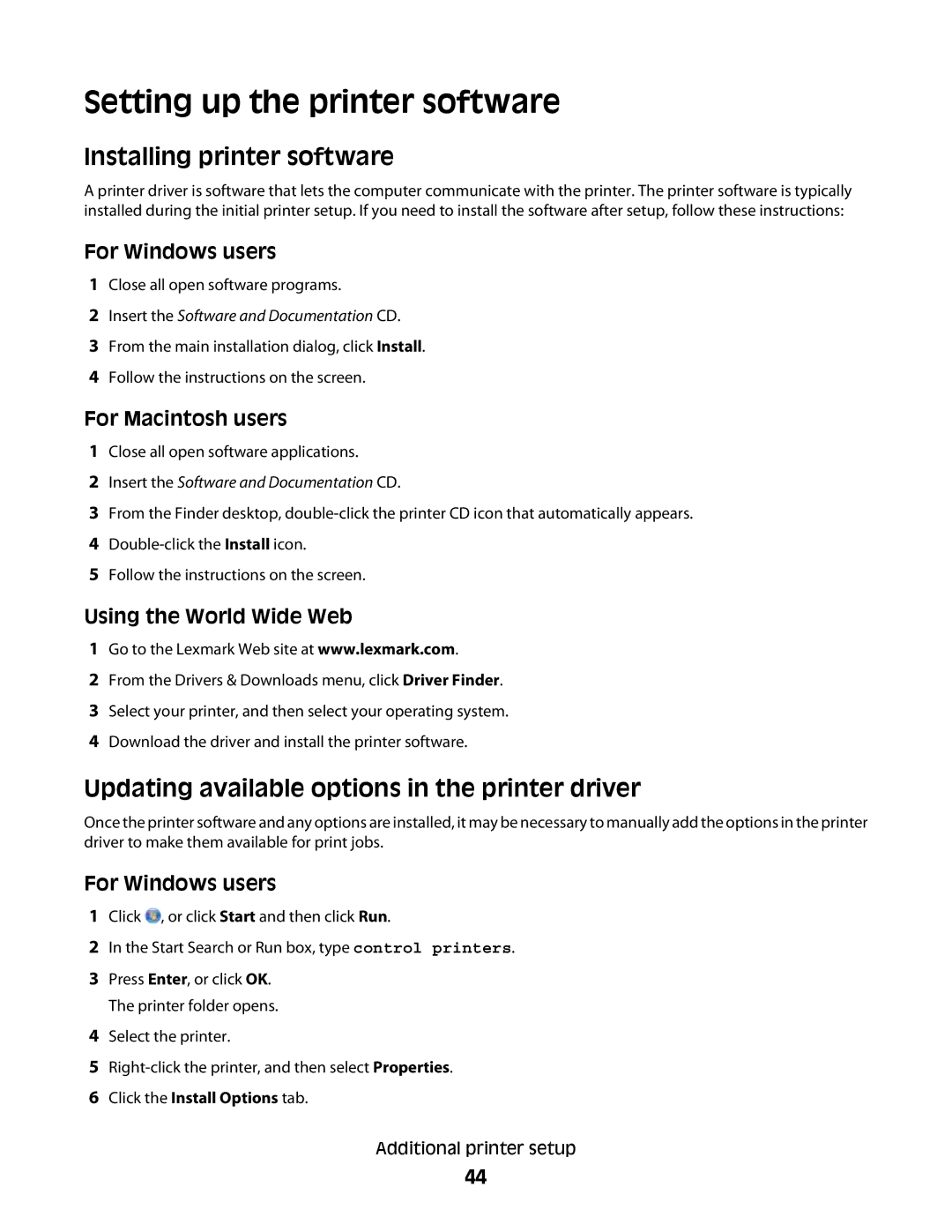 Lexmark MS00859, MS00853, MS00850, MS00855 manual Setting up the printer software, Installing printer software 