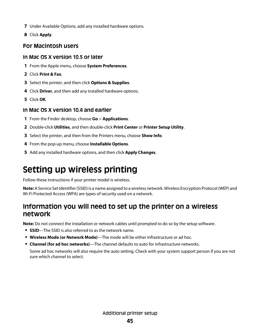 Lexmark MS00853, MS00859 Setting up wireless printing, Mac OS X version 10.5 or later, Mac OS X version 10.4 and earlier 