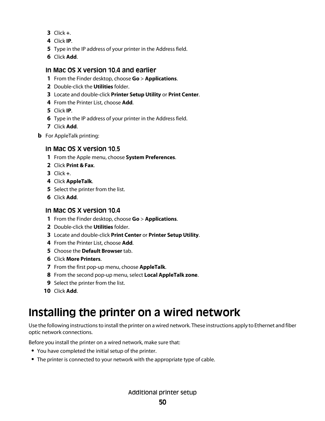 Lexmark MS00850, MS00859, MS00853, MS00855 manual Installing the printer on a wired network, Mac OS X version, Click AppleTalk 