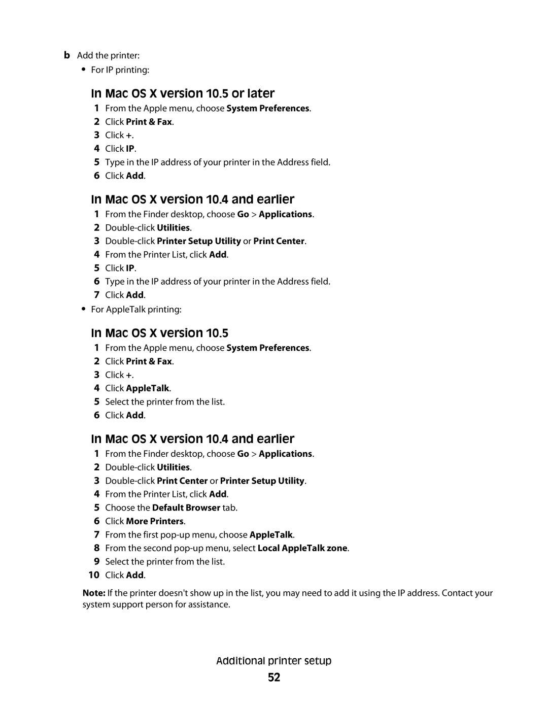 Lexmark MS00859, MS00853, MS00850, MS00855 manual Mac OS X version 10.5 or later, Mac OS X version 10.4 and earlier 