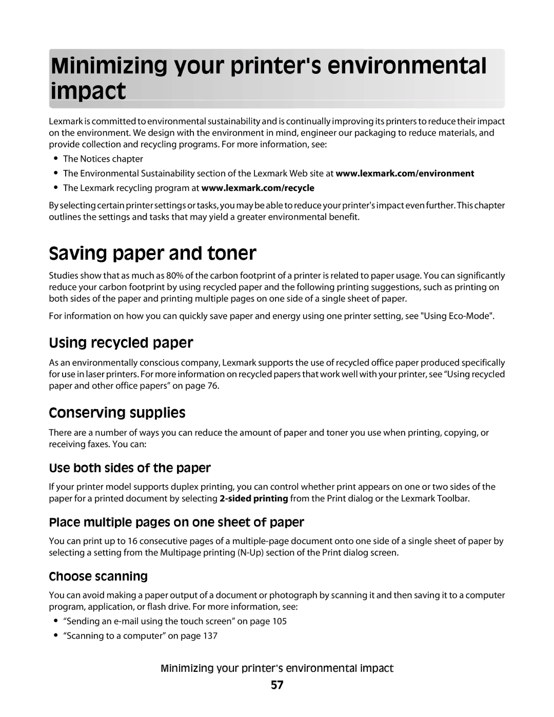 Lexmark MS00853, MS00859 manual Minimizing your printers environmental impact, Saving paper and toner, Using recycled paper 