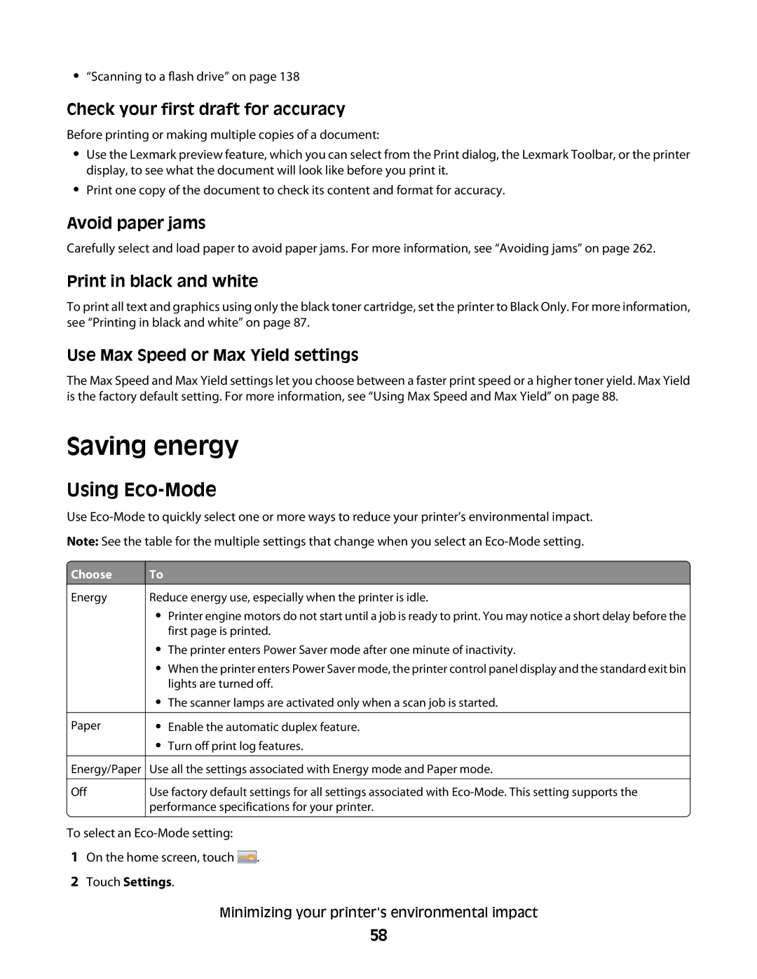 Lexmark MS00850, MS00859, MS00853, MS00855 manual Saving energy, Using Eco-Mode 