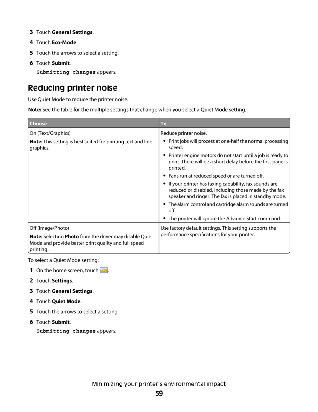 Lexmark MS00855, MS00859, MS00853, MS00850 manual Reducing printer noise, Touch General Settings Touch Eco-Mode 