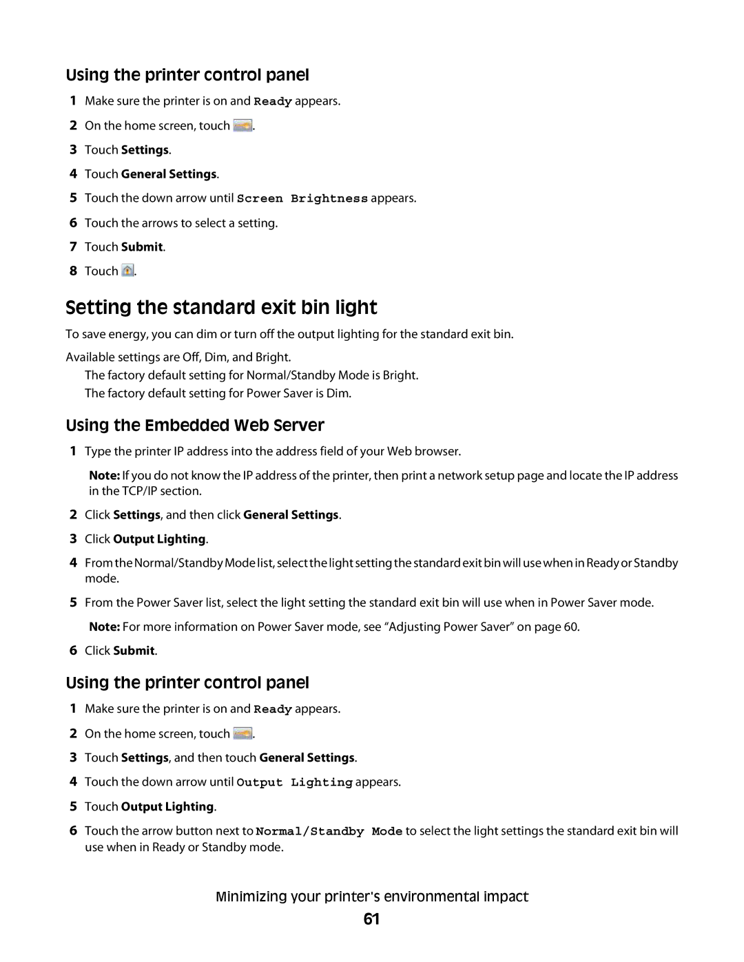 Lexmark MS00853, MS00859, MS00850, MS00855 Setting the standard exit bin light, Click Output Lighting, Touch Output Lighting 