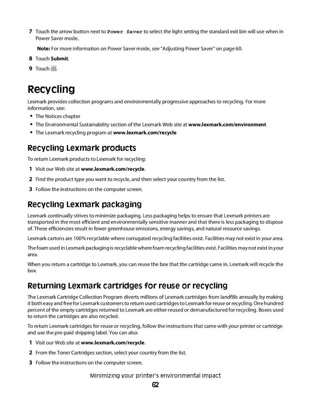 Lexmark MS00850, MS00859, MS00853, MS00855 manual Recycling Lexmark products, Recycling Lexmark packaging 