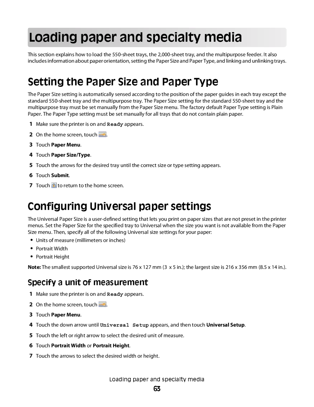 Lexmark MS00855 Loading paper and specialty media, Setting the Paper Size and Paper Type, Specify a unit of measurement 