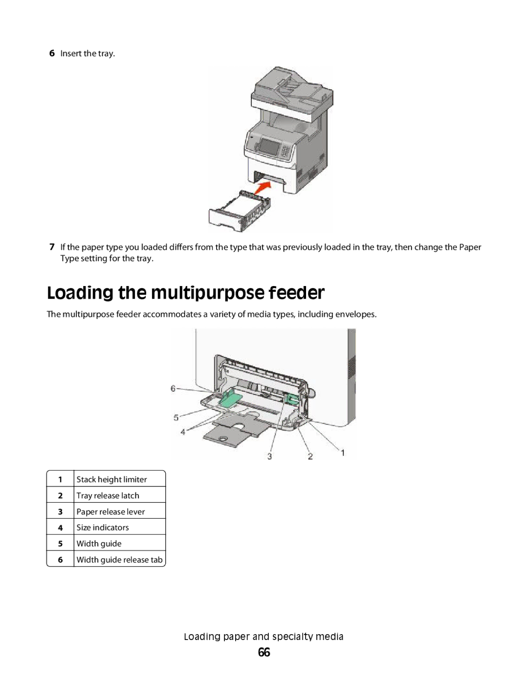 Lexmark MS00850, MS00859, MS00853, MS00855 manual Loading the multipurpose feeder 