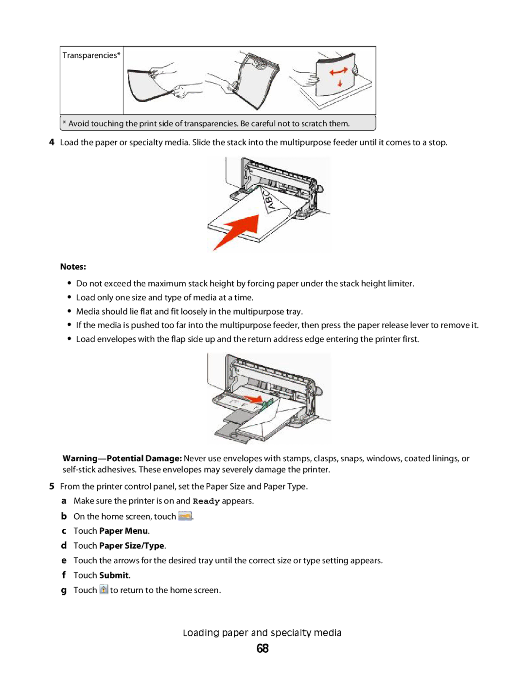 Lexmark MS00859, MS00853, MS00850, MS00855 manual Touch Paper Size/Type 