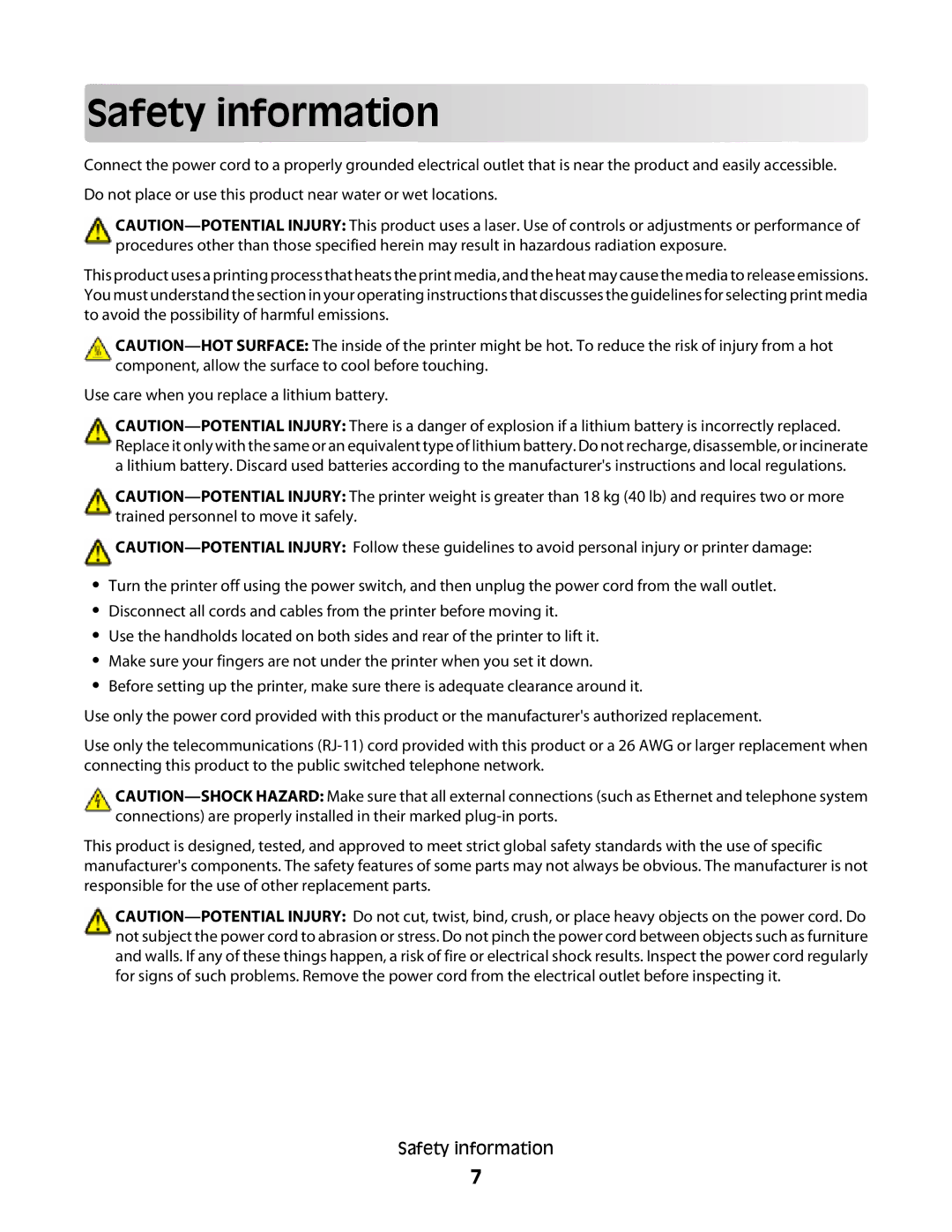 Lexmark MS00855, MS00859, MS00853, MS00850 manual Safety information 