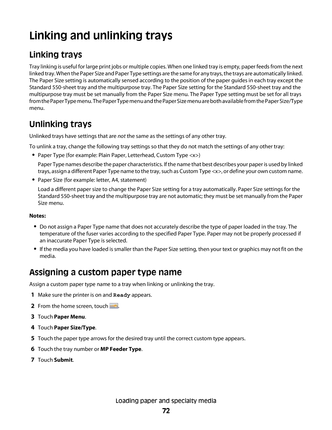 Lexmark MS00859, MS00853 Linking and unlinking trays, Linking trays, Unlinking trays, Assigning a custom paper type name 