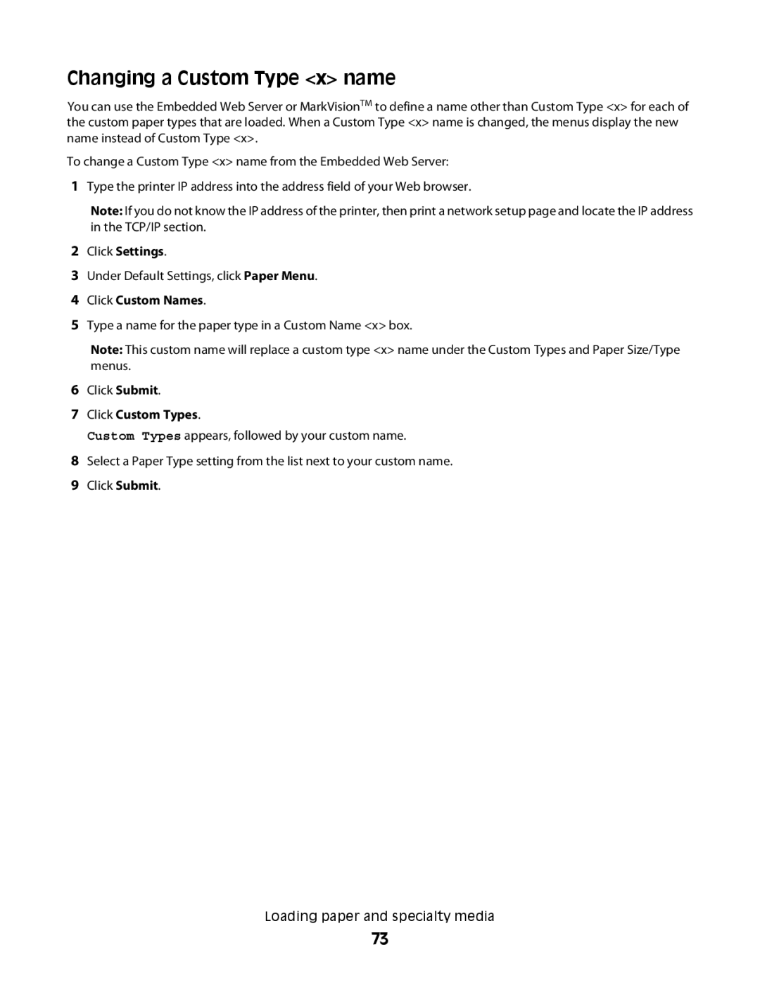 Lexmark MS00853, MS00859, MS00850 Changing a Custom Type x name, Click Settings, Click Custom Names, Click Custom Types 