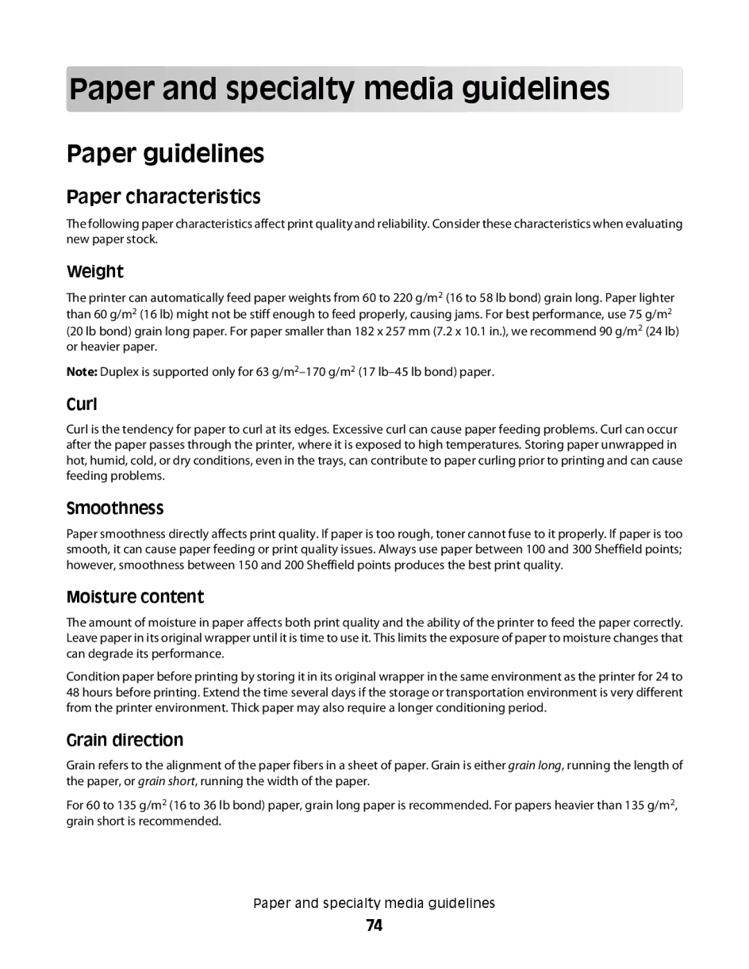 Lexmark MS00850, MS00859, MS00853, MS00855 Paper and specialty media guidelines, Paper guidelines, Paper characteristics 