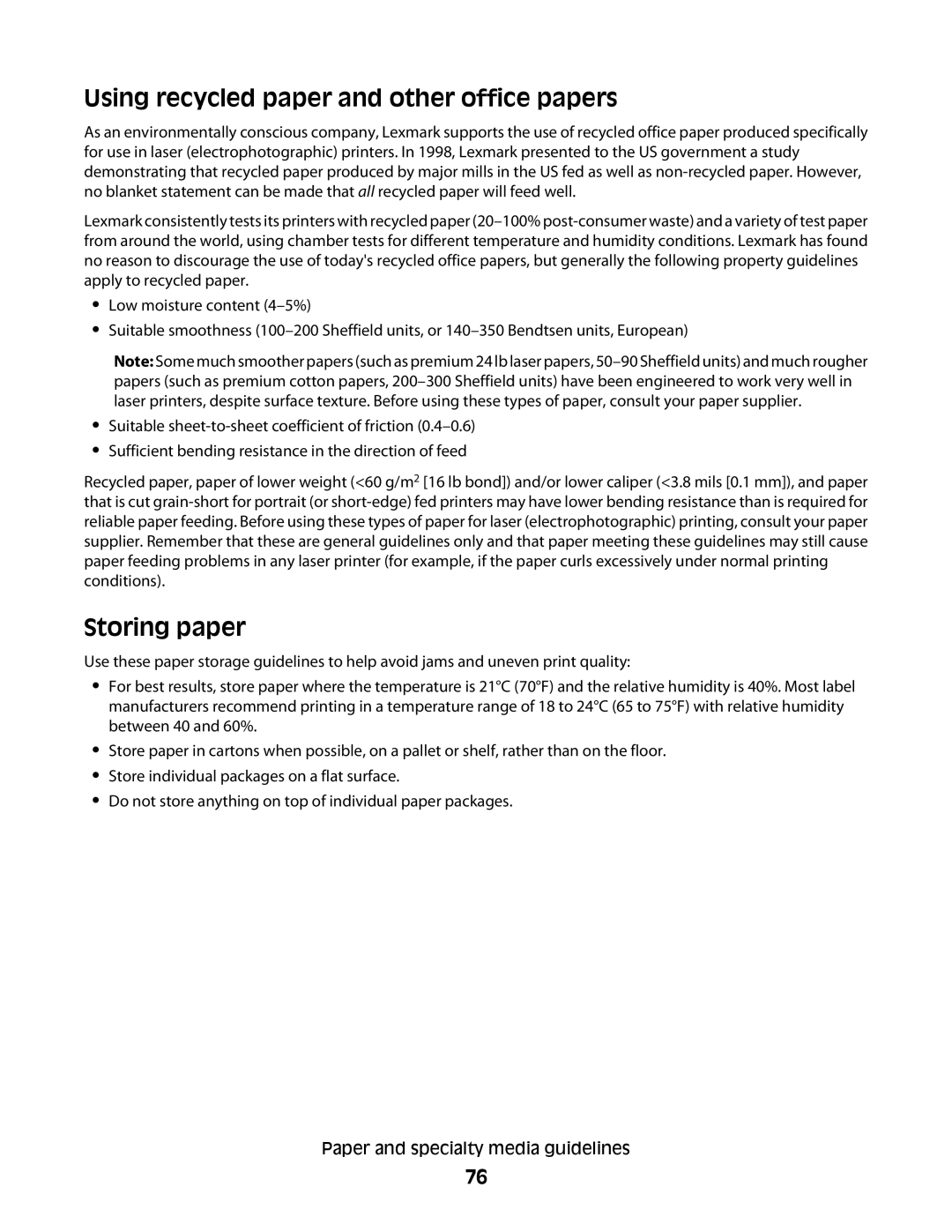 Lexmark MS00859, MS00853, MS00850, MS00855 manual Using recycled paper and other office papers, Storing paper 