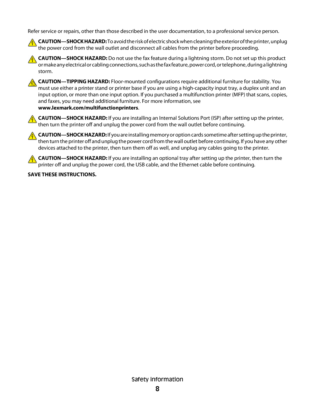 Lexmark MS00859, MS00853, MS00850, MS00855 manual Safety information 