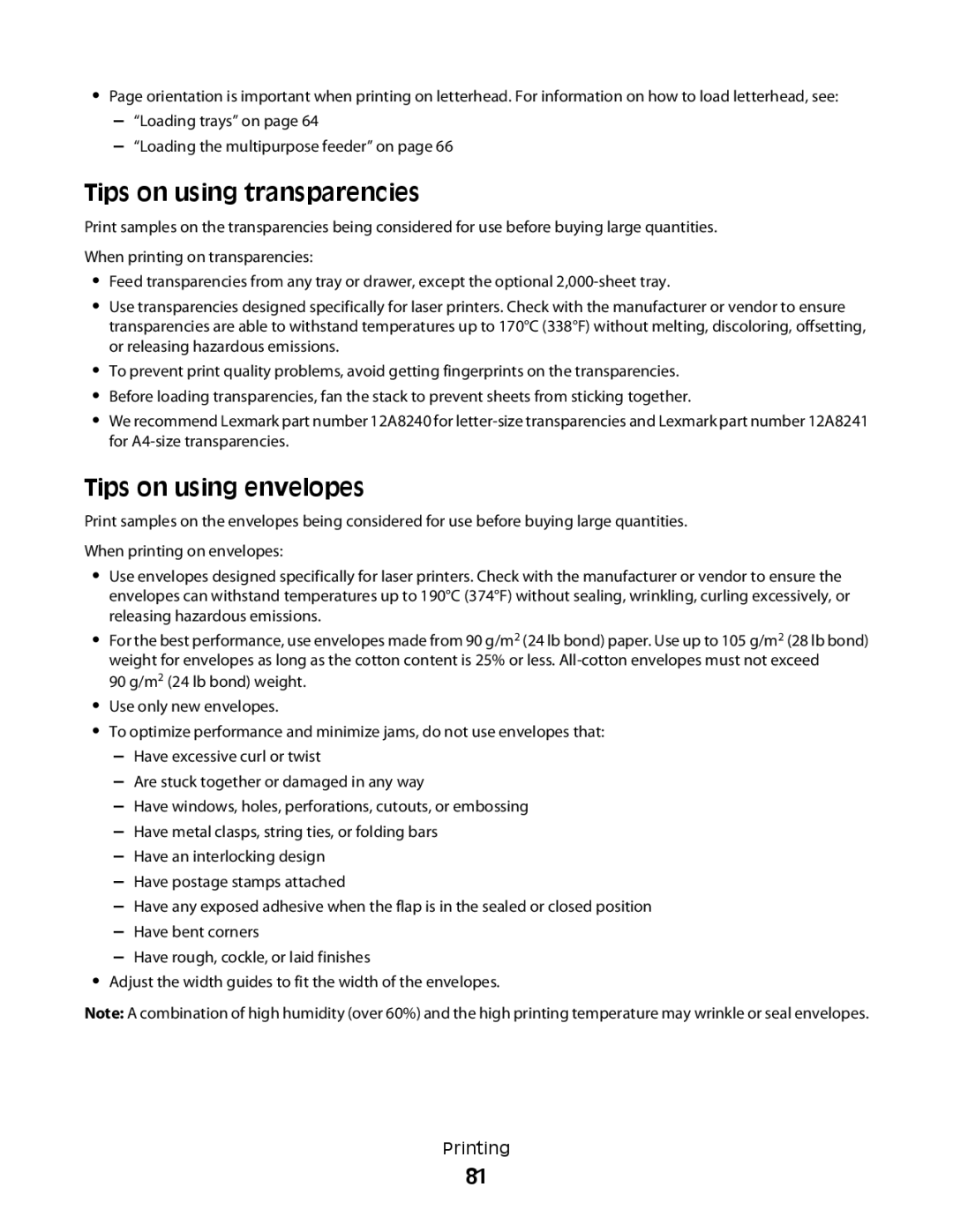 Lexmark MS00853, MS00859, MS00850, MS00855 manual Tips on using transparencies, Tips on using envelopes 