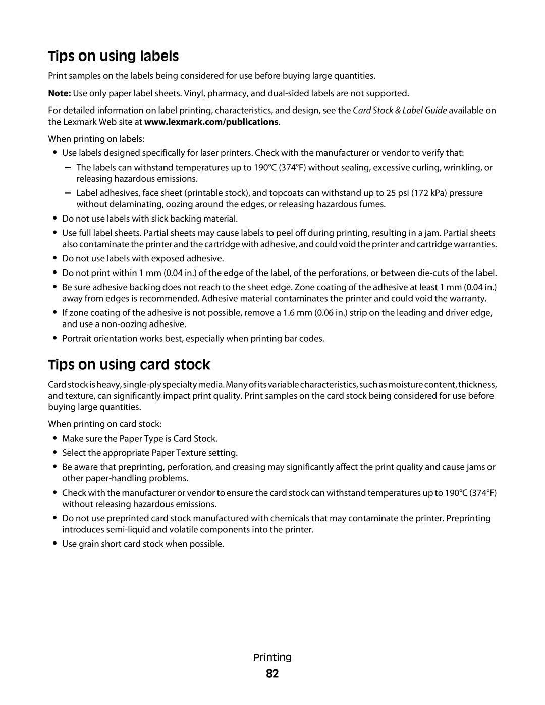 Lexmark MS00850, MS00859, MS00853, MS00855 manual Tips on using labels, Tips on using card stock 