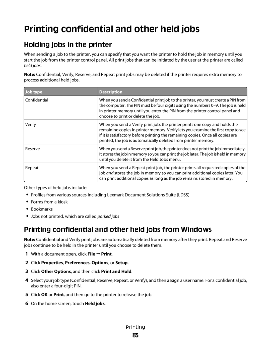 Lexmark MS00855, MS00859, MS00853, MS00850 manual Printing confidential and other held jobs, Holding jobs in the printer 