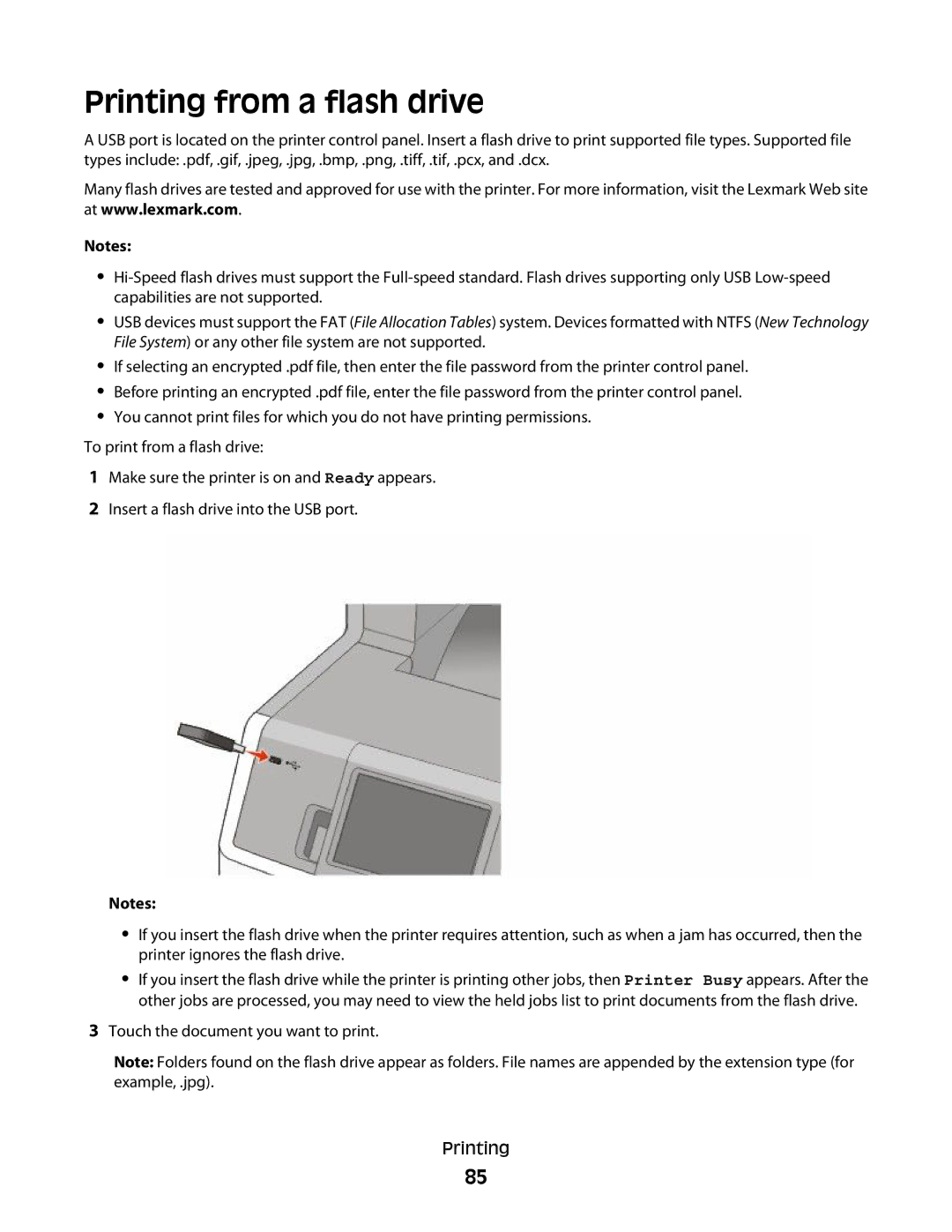 Lexmark MS00853, MS00859, MS00850, MS00855 manual Printing from a flash drive 