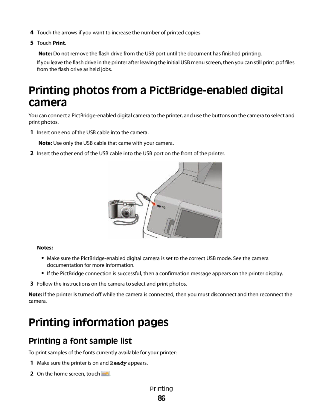 Lexmark MS00850, MS00859, MS00853 manual Printing photos from a PictBridge-enabled digital camera, Printing information pages 