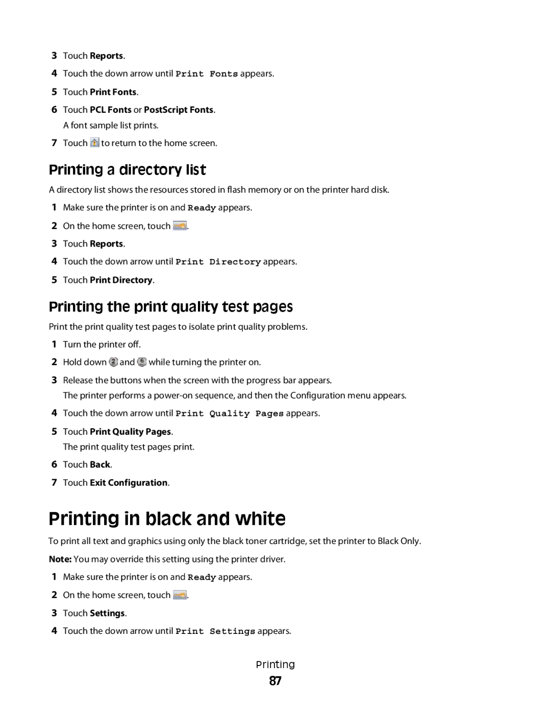 Lexmark MS00855, MS00859 Printing in black and white, Printing a directory list, Printing the print quality test pages 