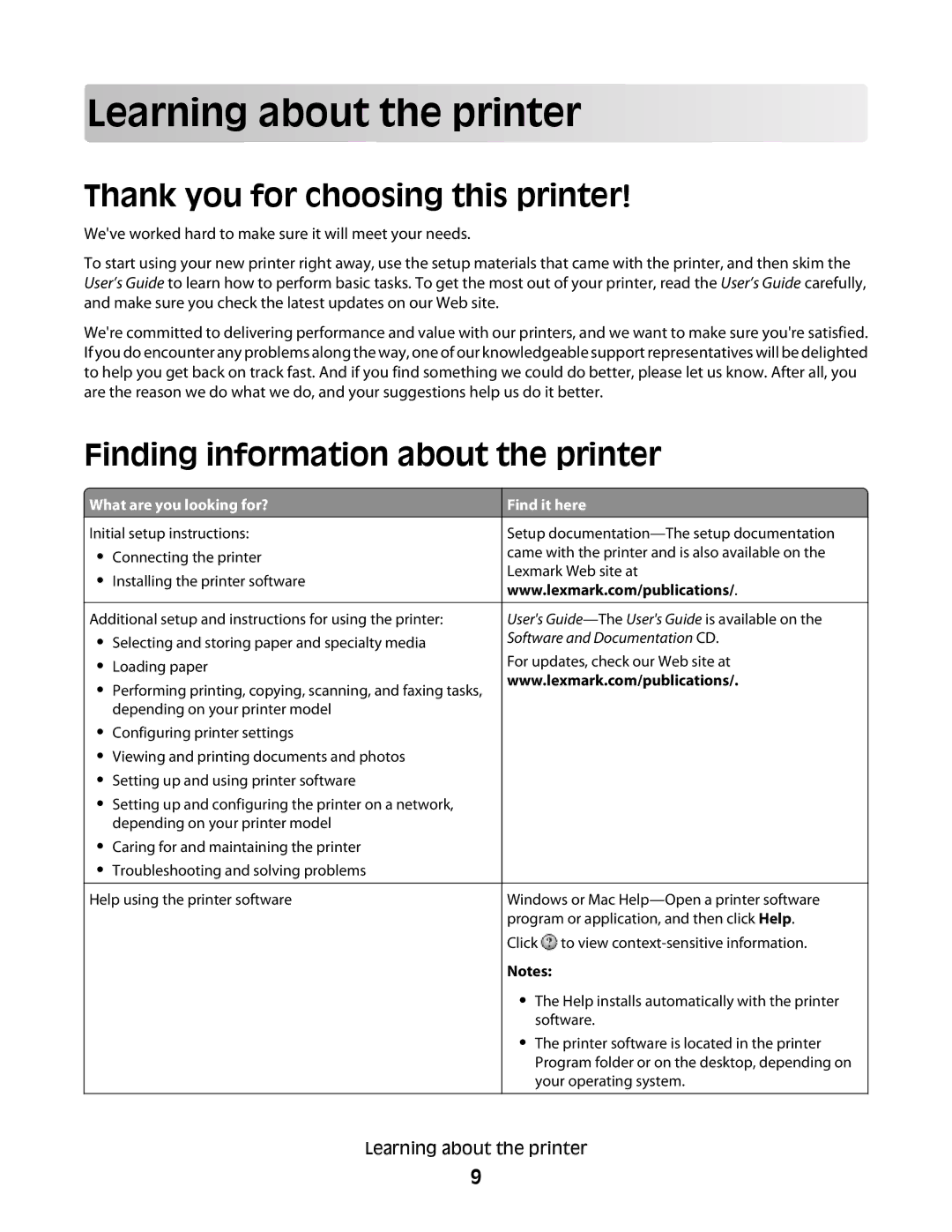 Lexmark MS00853 Learning about the printer, Thank you for choosing this printer, Finding information about the printer 