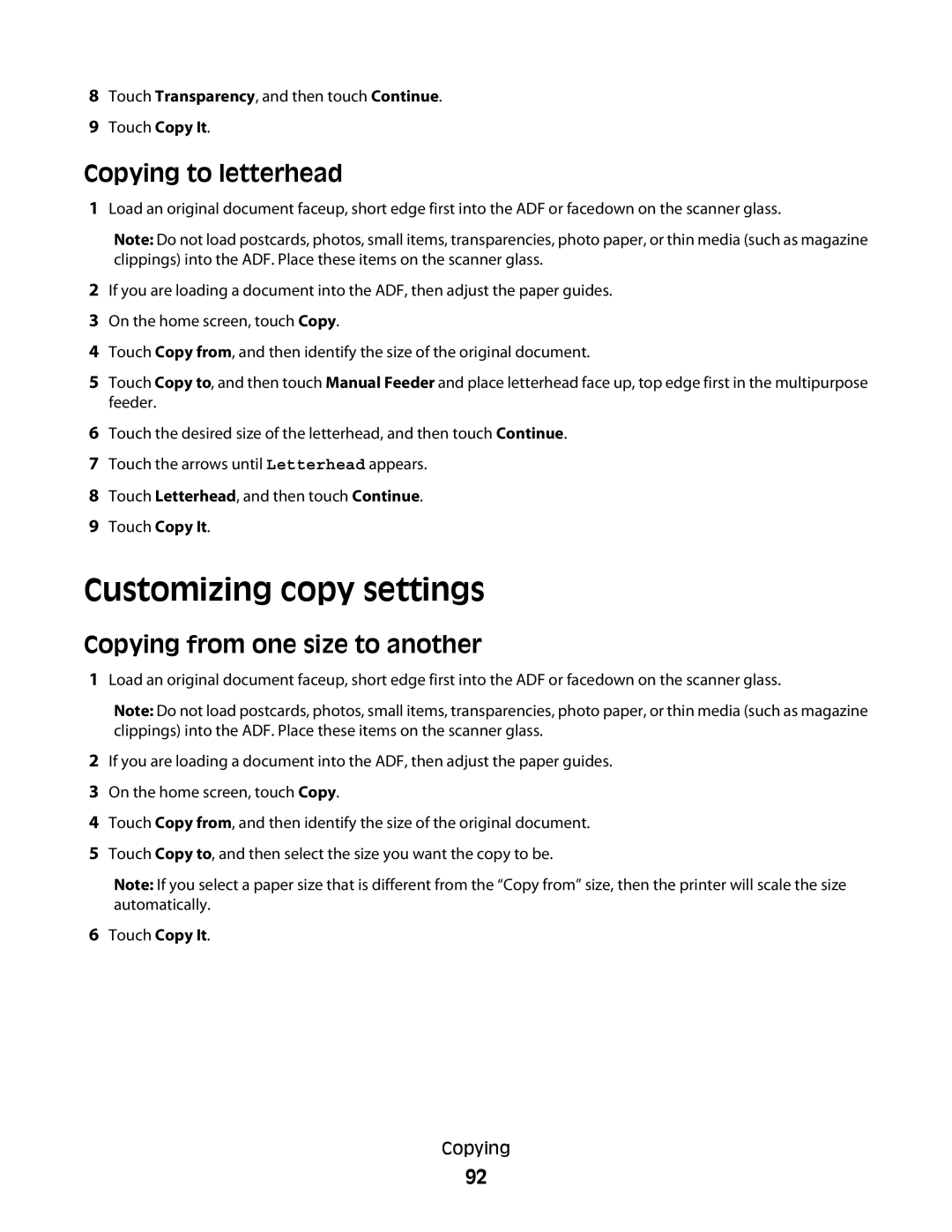 Lexmark MS00859, MS00853, MS00850 manual Customizing copy settings, Copying to letterhead, Copying from one size to another 