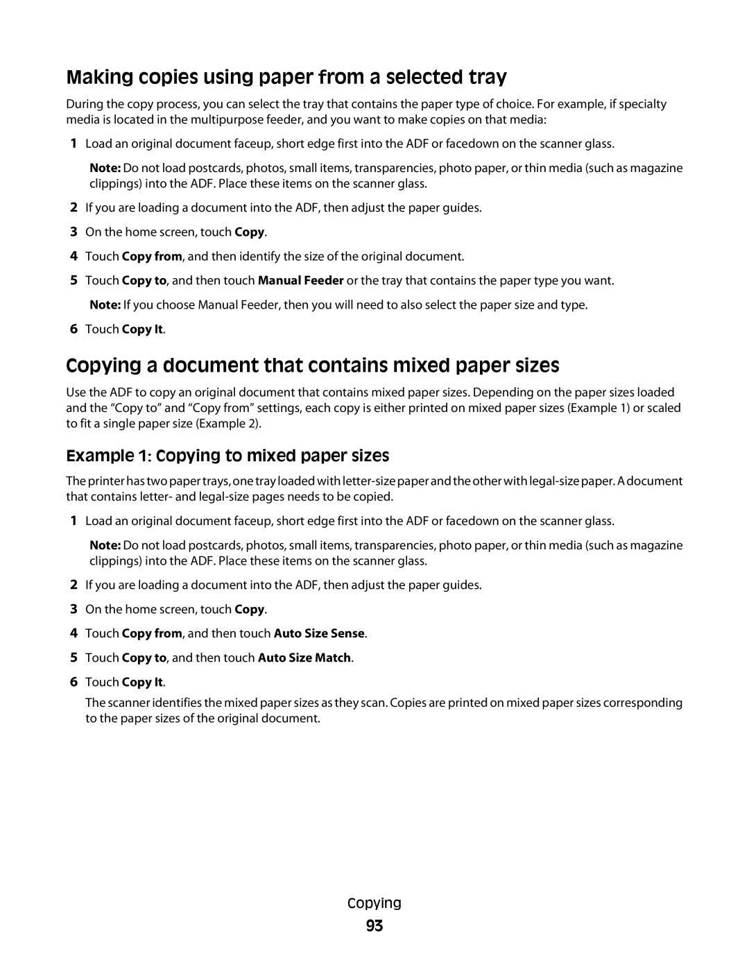 Lexmark MS00853 manual Making copies using paper from a selected tray, Copying a document that contains mixed paper sizes 