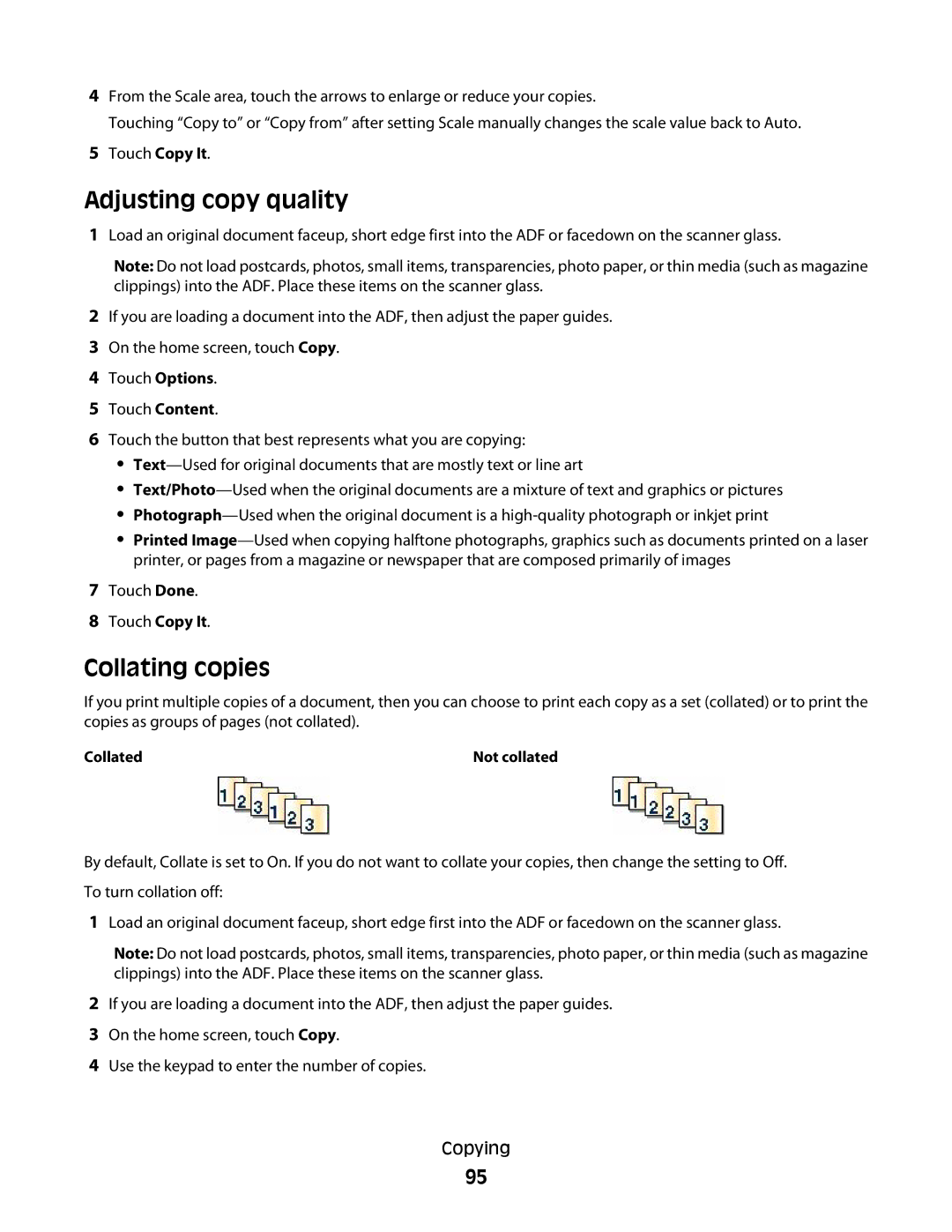 Lexmark MS00855, MS00859, MS00853, MS00850 manual Adjusting copy quality, Collating copies 