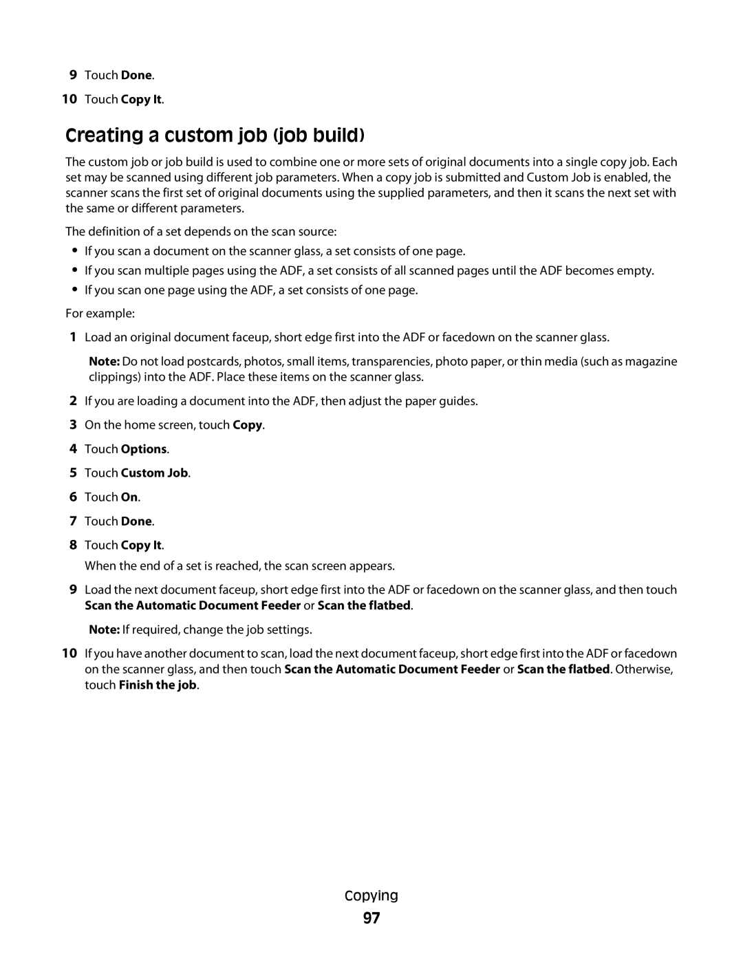 Lexmark MS00853, MS00859, MS00850, MS00855 manual Creating a custom job job build, Touch Custom Job 