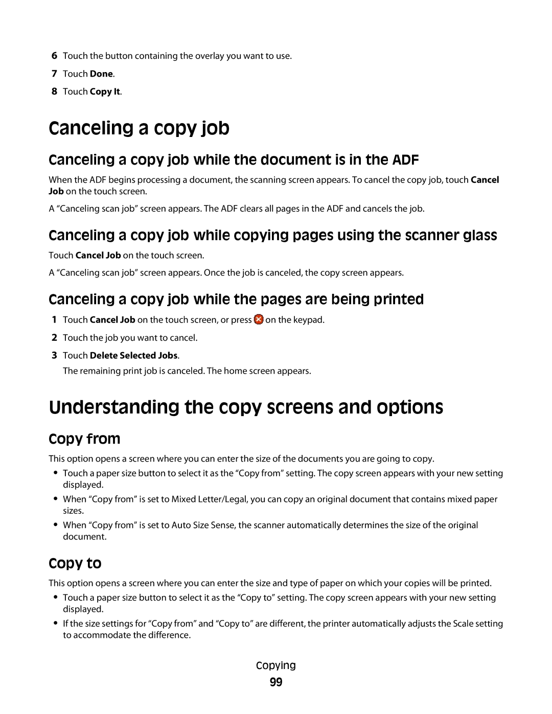 Lexmark MS00855, MS00859, MS00853, MS00850 manual Canceling a copy job, Understanding the copy screens and options 